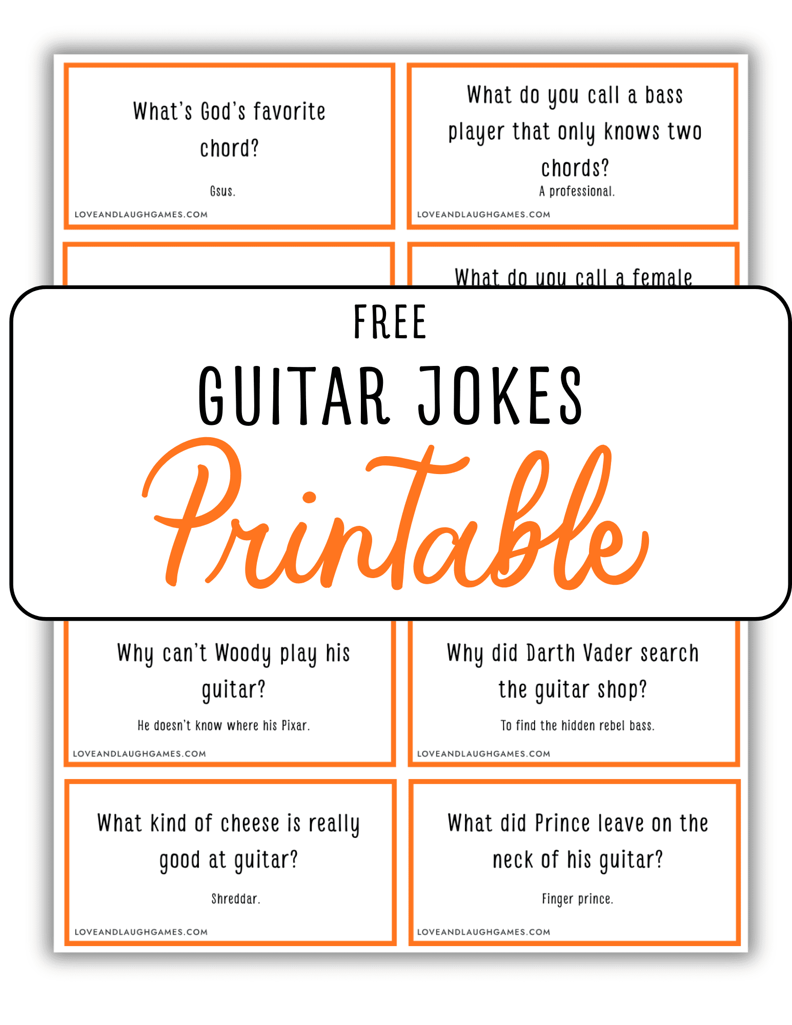 A printable sheet with nine guitar-themed joke cards, each in an orange-bordered box, and a label in the center reading “FREE GUITAR JOKES Printable” in large black and orange text.