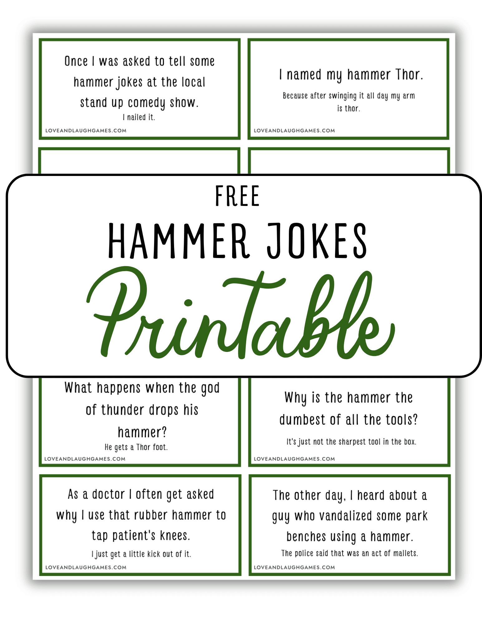 A printable sheet with six green-bordered boxes, each containing a different hammer joke, and a large central text that reads Free Hammer Jokes Printable.