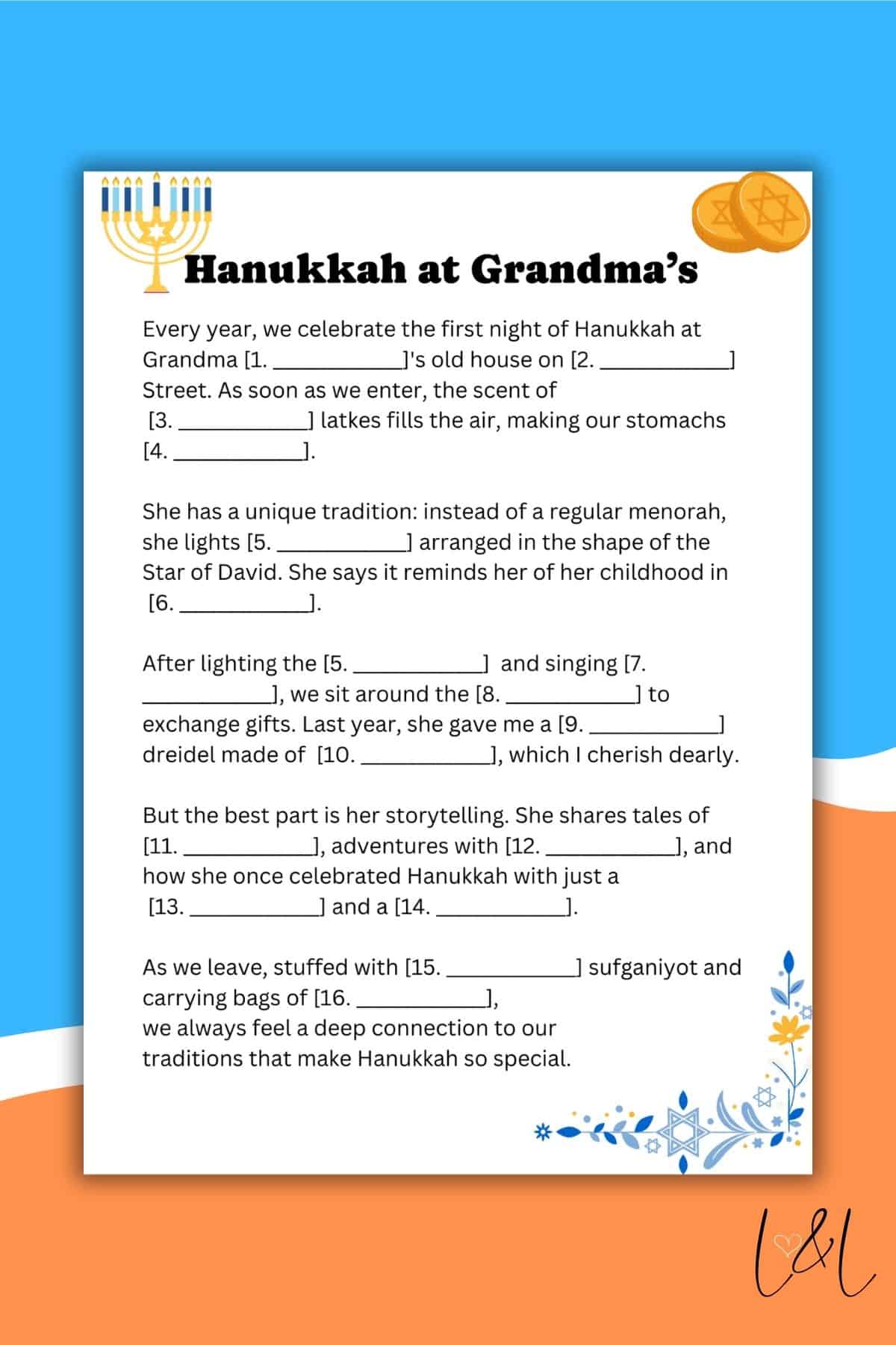 A colorful Hanukkah-themed Mad Lib for kids titled Hanukkah at Grandma’s, featuring menorah and dreidel illustrations, decorative borders, and spaces to write answers to complete the story.