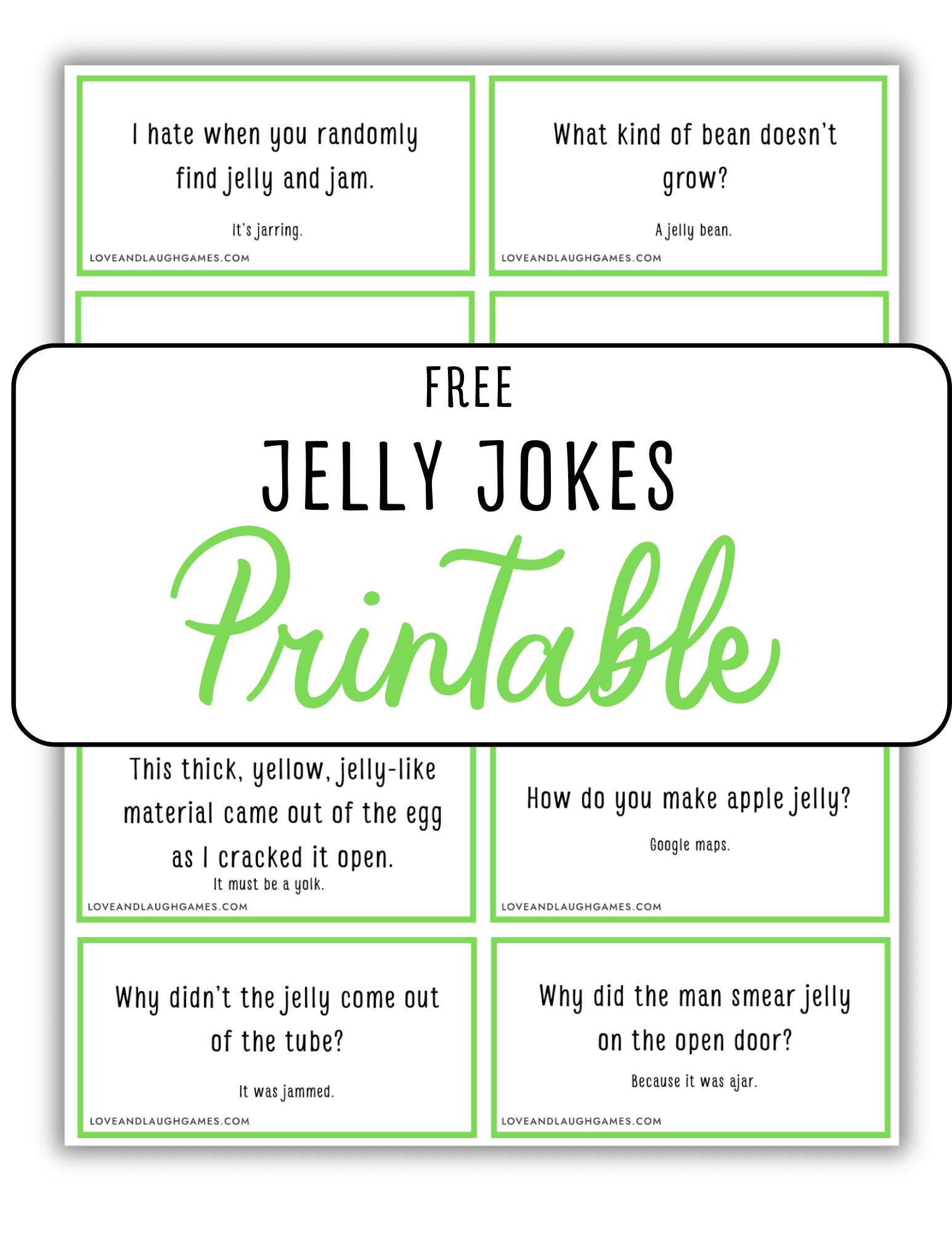 A sheet of printable cards featuring jelly jokes and puns, with a large title reading Free Jelly Jokes Printable in green and black text overlaid in the center.