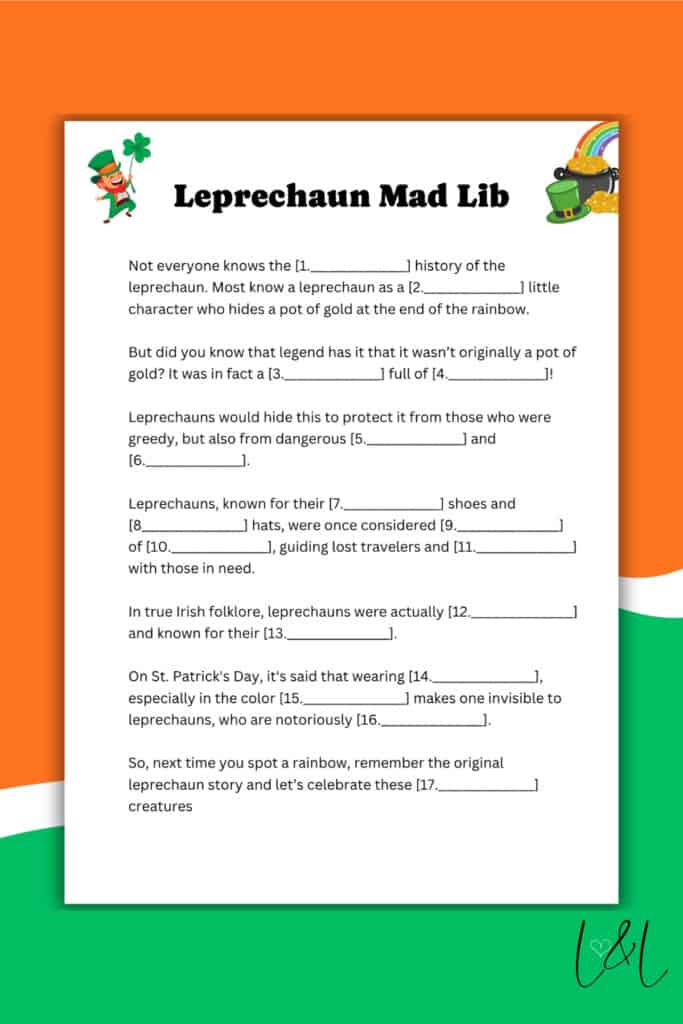 A St. Patrick’s Day-themed Mad Lib worksheet featuring a fill-in-the-blank story about leprechauns, decorated with a leprechaun cartoon, gold coins, and a festive green, white, and orange border.