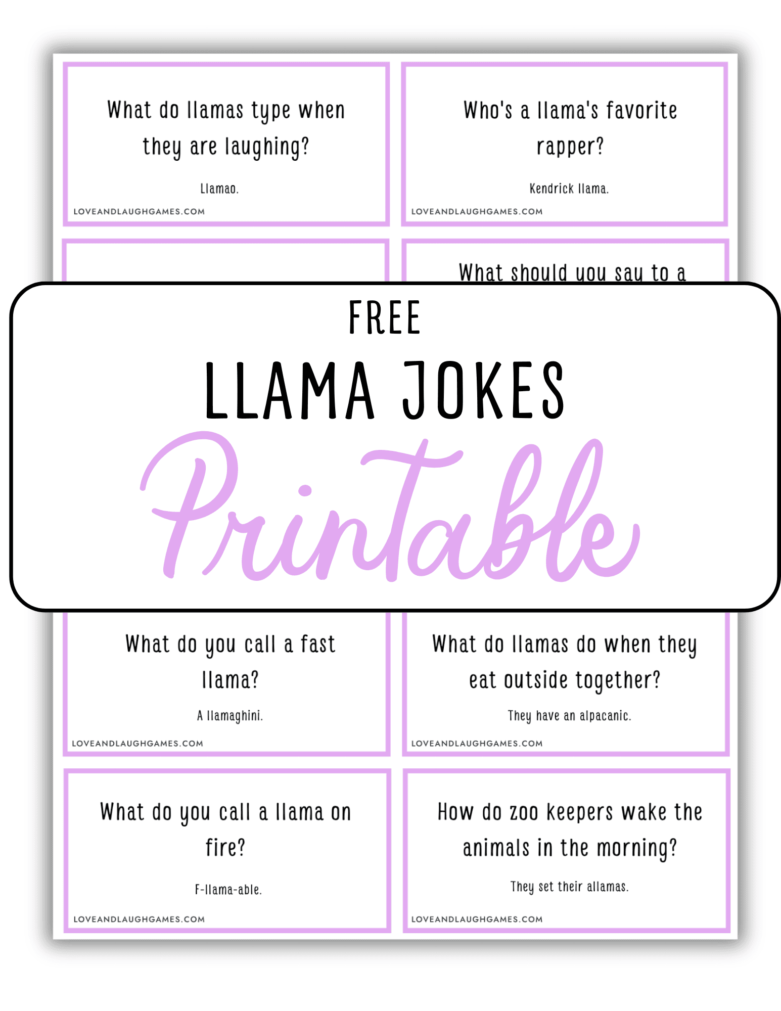 A printable sheet titled Free Llama Jokes Printable featuring cards with llama-themed jokes and answers, each bordered in purple with black text on a white background.
