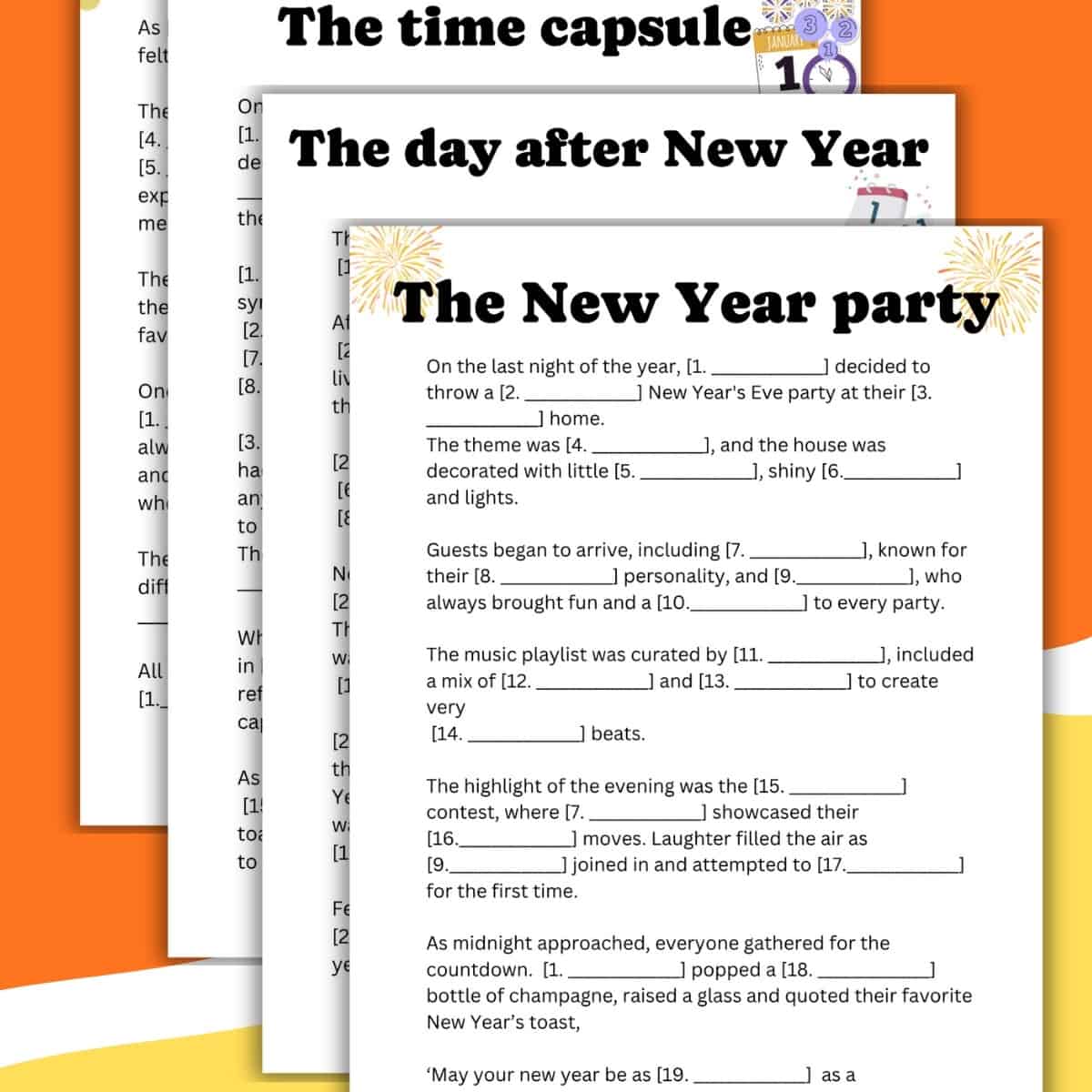 The Printable New Years Mad Libs Style Games: 4-Pack Bundle features four festive worksheets—Reflections of the Year, The Time Capsule, The Day After New Year, and The New Year Party—with fun fill-in-the-blank activities.