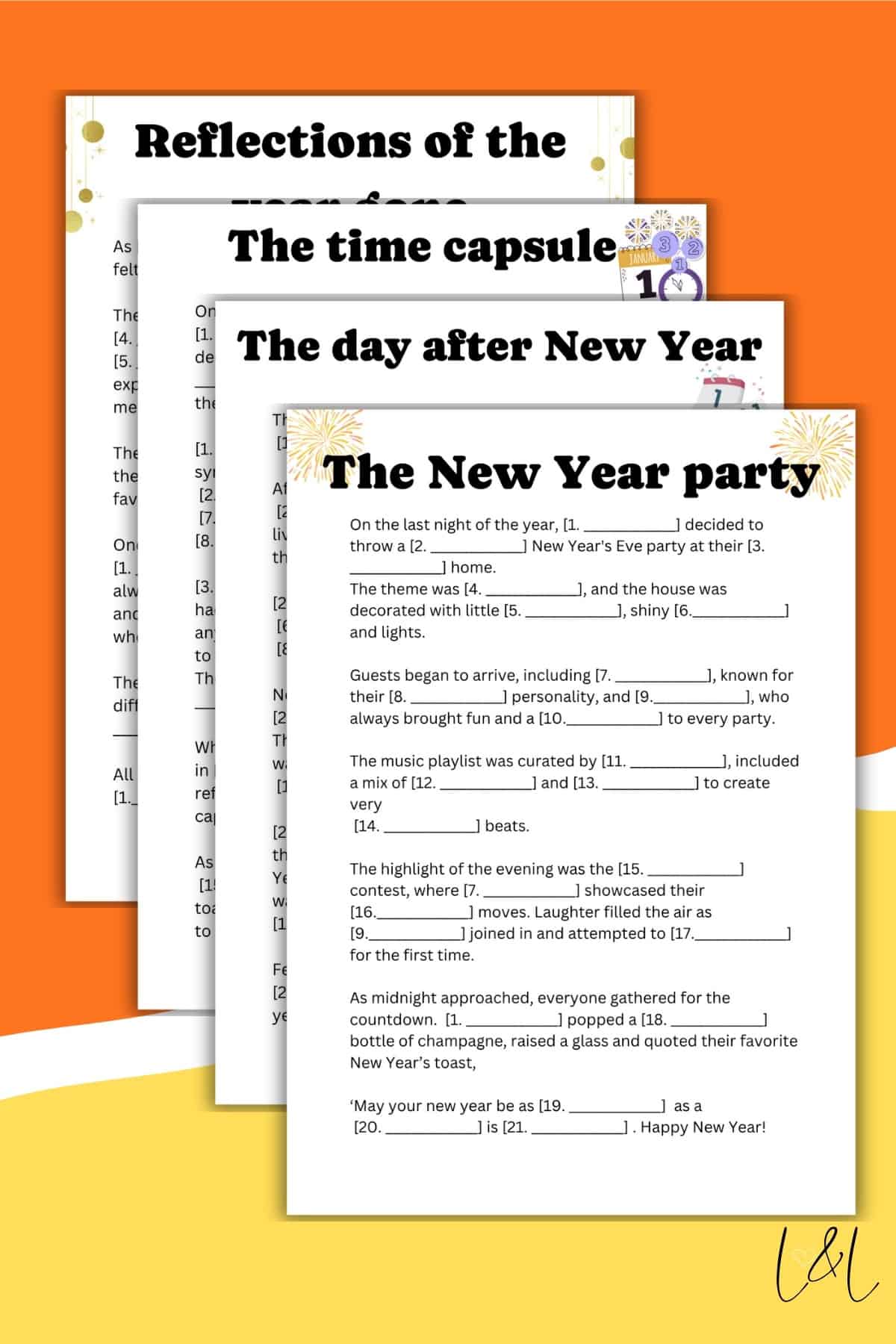 The Printable New Years Mad Libs Style Games: 4-Pack Bundle features four festive worksheets—Reflections of the Year, The Time Capsule, The Day After New Year, and The New Year Party—with fun fill-in-the-blank activities.