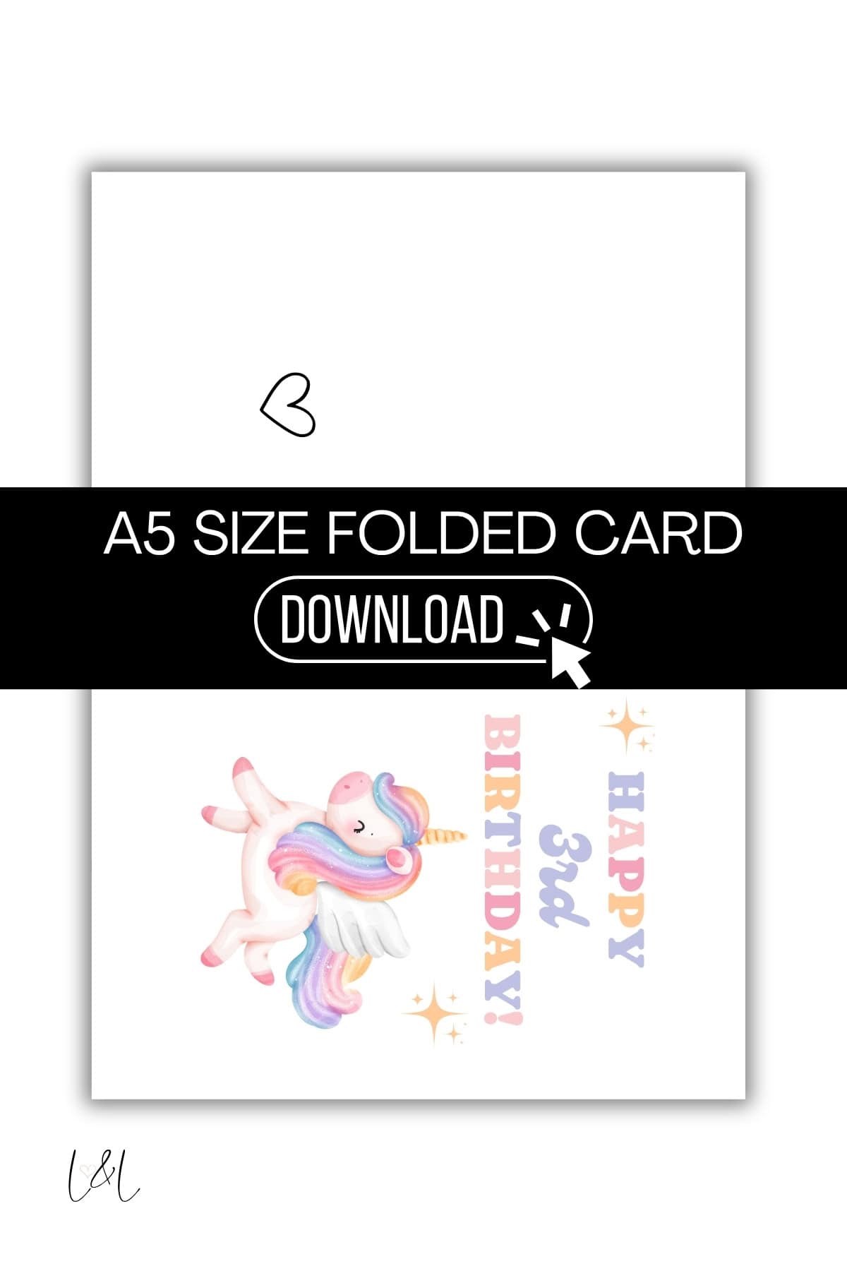 A white A5 folded birthday card with a pastel-colored unicorn, stars, and the words Happy 3rd Birthday! in colorful letters. A black Download banner is across the center.
