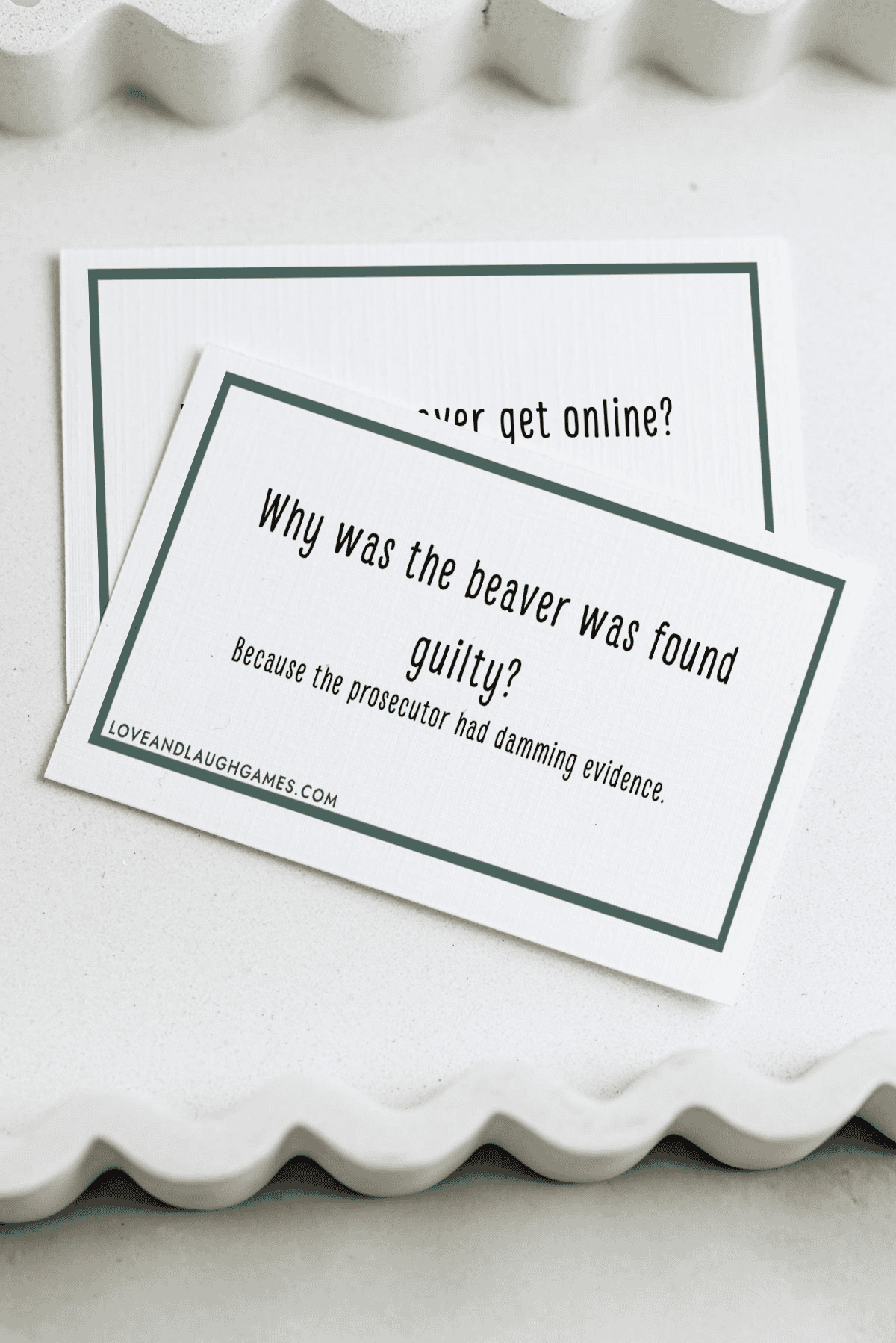 A card on a white tray reads, Why was the beaver was found guilty? Because the prosecutor had damming evidence. Another partially hidden card is underneath.