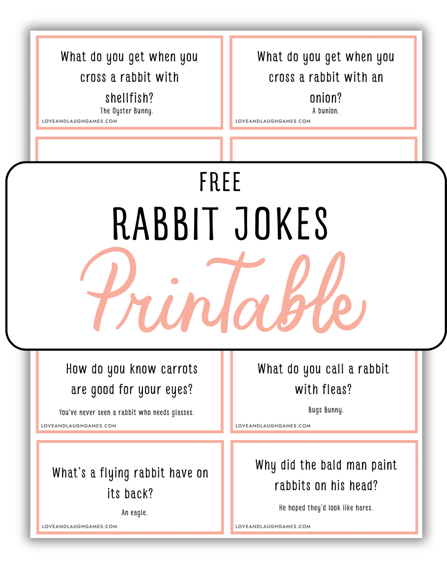 A printable sheet titled Free Rabbit Jokes with six rabbit-themed jokes in boxes, each outlined in pink, on a white background. The word Printable is written in large, cursive, pink text across the center.