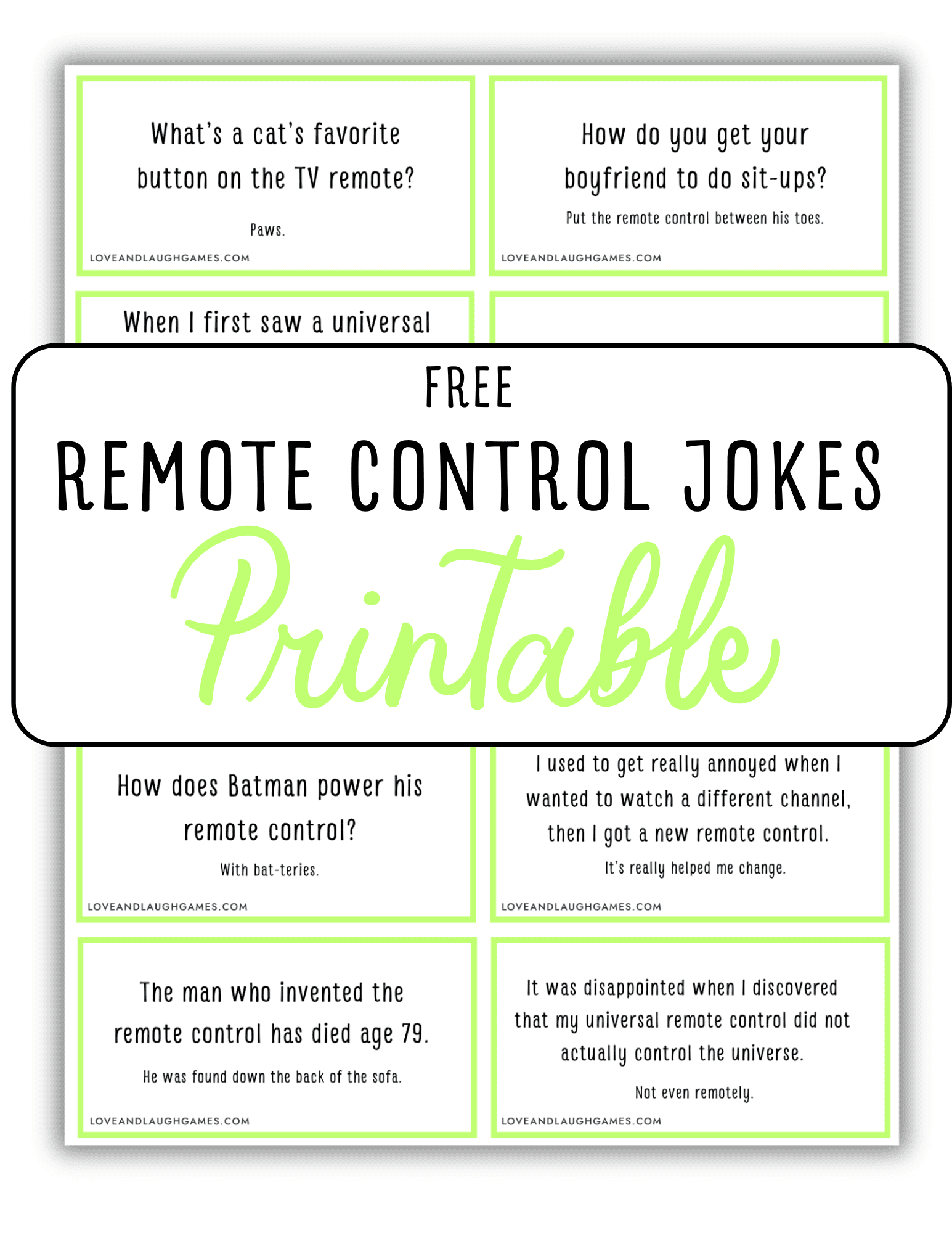 A printable sheet titled Free Remote Control Jokes Printable featuring six remote jokes in individual boxes, each with a question and a humorous answer. Pale green borders outline each joke.