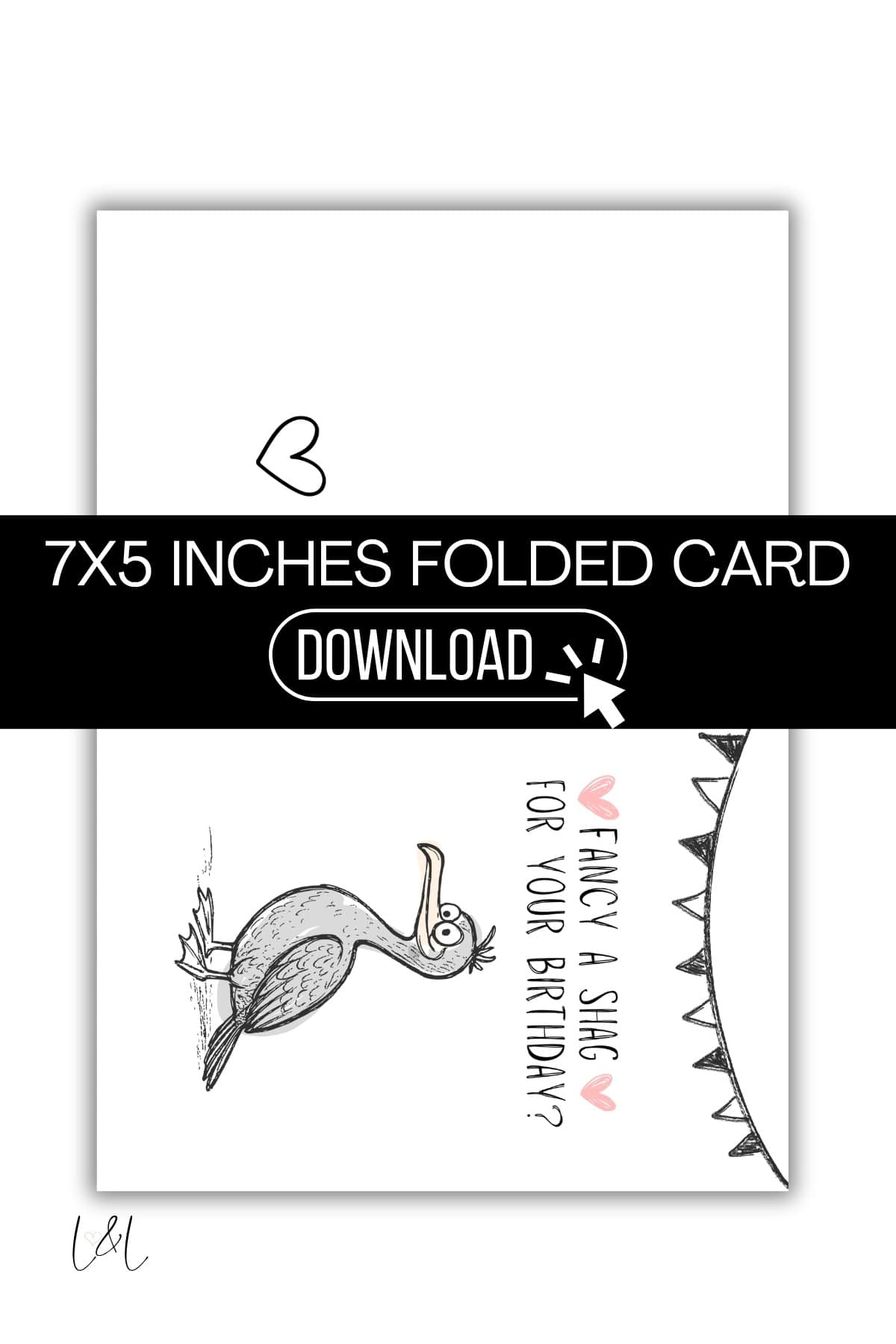 A 7x5 inch folded birthday card featuring a cartoon bird and the text Fancy a shag for your birthday? with pink hearts and a jagged edge design, partially covered by a DOWNLOAD banner.