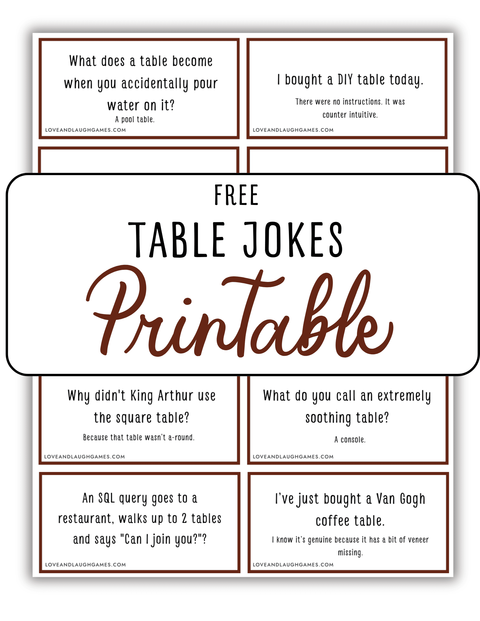 A printable sheet with nine table-themed jokes, each in its own box. The center has large text reading Free TABLE JOKES Printable. The jokes are short and use tech or pun humor.