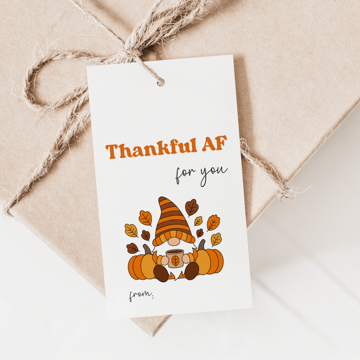A gift tag on a brown wrapped package reads Thankful AF for you with an illustration of a gnome in an orange hat, surrounded by pumpkins and autumn leaves. The tag has spaces for from and to.