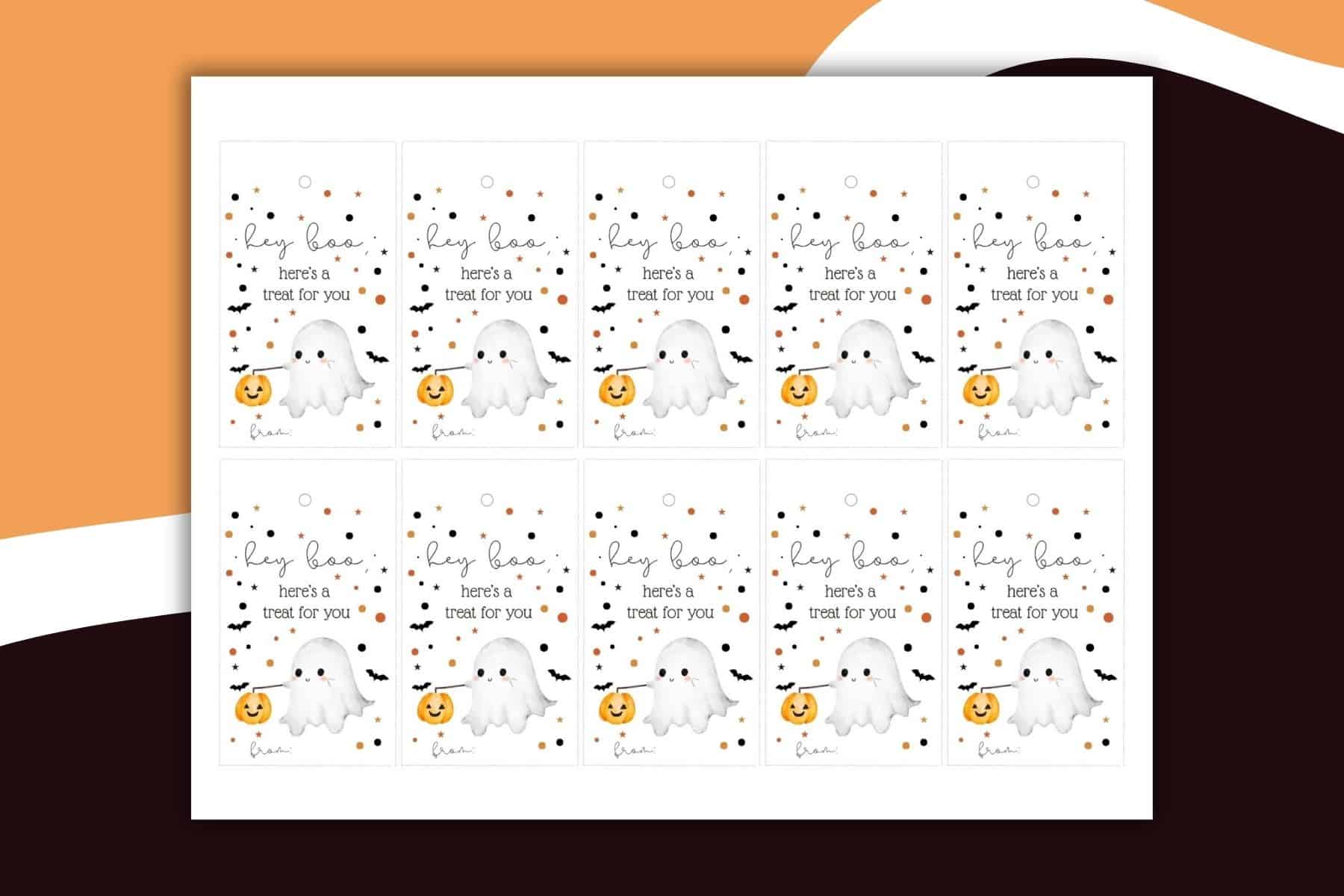 A sheet of twelve Printable Halloween Gift Tags featuring cute ghosts, pumpkins, bats, and confetti. Each card reads, “hey boo, here’s a treat for you” with space for a signature at the bottom.