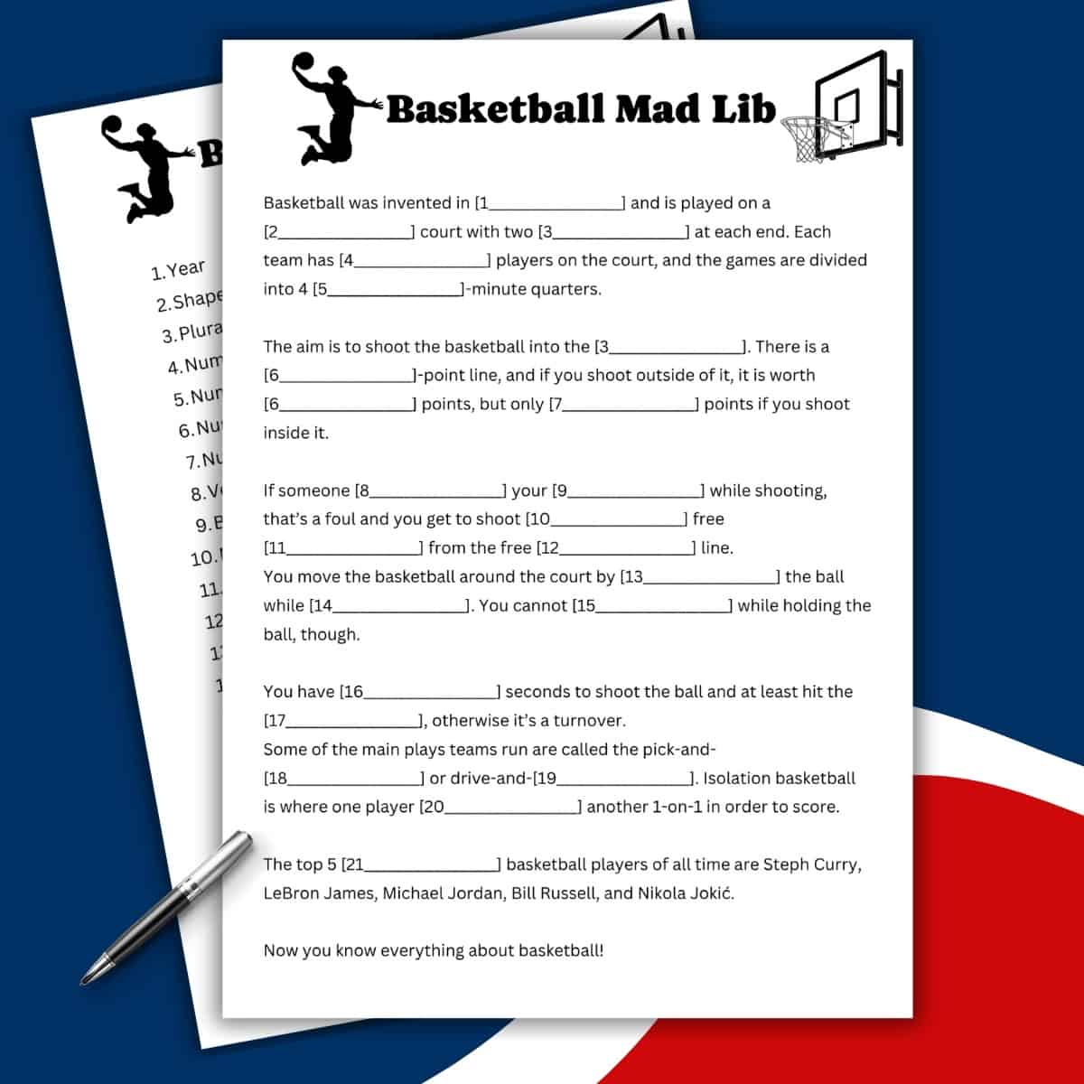 A Basketball Mad Lib worksheet featuring fill-in-the-blank questions about basketball sits atop another sheet, with red, white, and blue curved shapes in the background. A pencil rests on the worksheet.