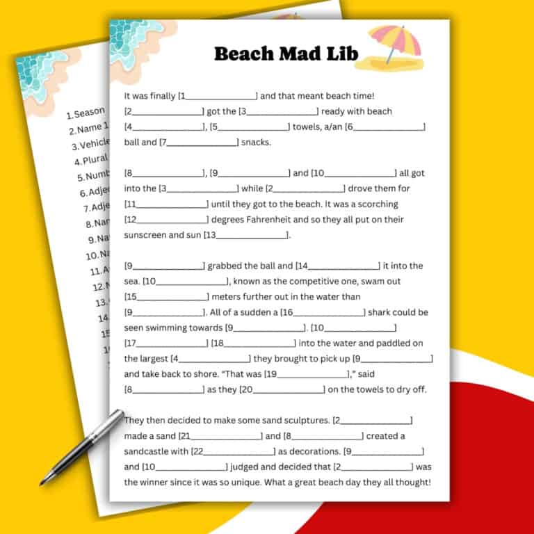 Two overlapping Beach Mad Lib activity sheets with fill-in-the-blank beach story prompts sit on a bright yellow and red background, decorated with playful Mad Lib illustrations like umbrellas and waves.