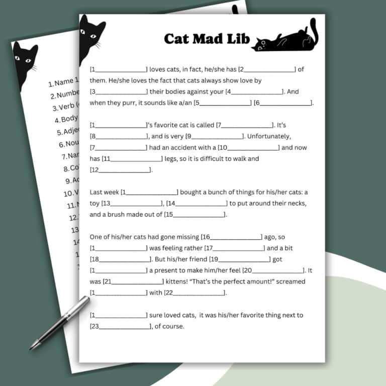 A fun Cat Mad Lib worksheet with fill-in-the-blank sentences about cats, placed on top of another Mad Lib sheet. A pen rests beside the papers, and playful black cat illustrations decorate the corners.