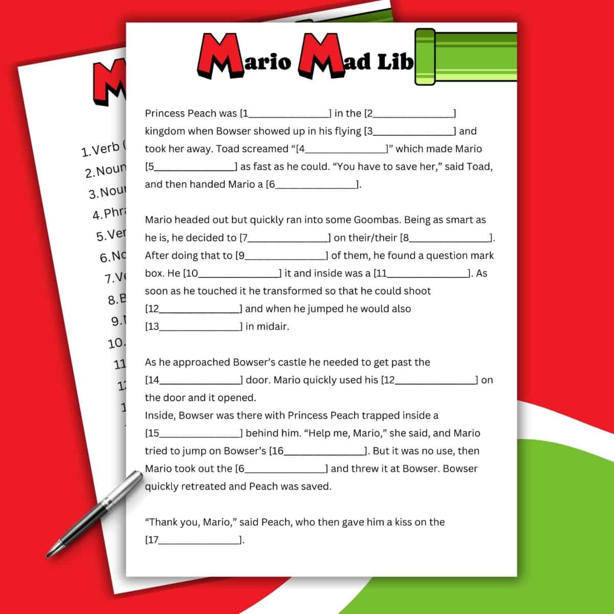 A Mario-themed Mad Lib worksheet with blanks to fill in words for a story about Princess Peach, Bowser, and Mario. The colorful red, green, and white background resembles Mario’s hat and Luigi’s outfit.