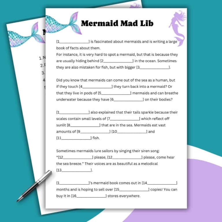 A Mermaid Mad Lib worksheet with fill-in-the-blank sentences about mermaids, decorated with colorful mermaid tails, scales, a purple mermaid silhouette, and a silver pen on a teal and purple background.