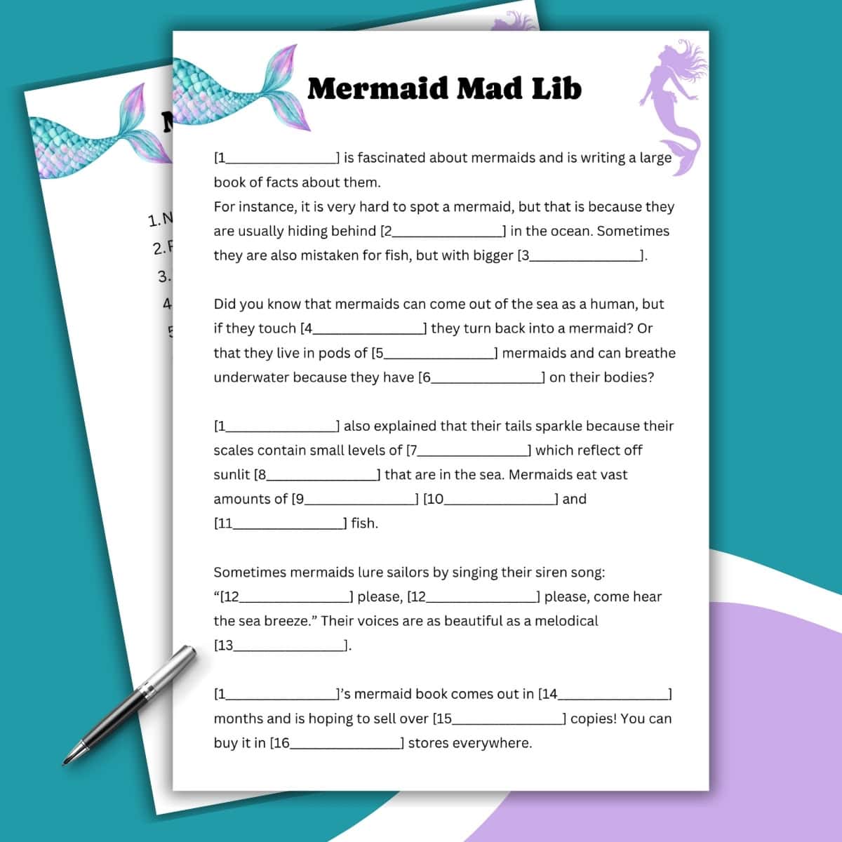 A Mermaid Mad Lib worksheet with fill-in-the-blank sentences about mermaids, decorated with colorful mermaid tails, scales, a purple mermaid silhouette, and a silver pen on a teal and purple background.