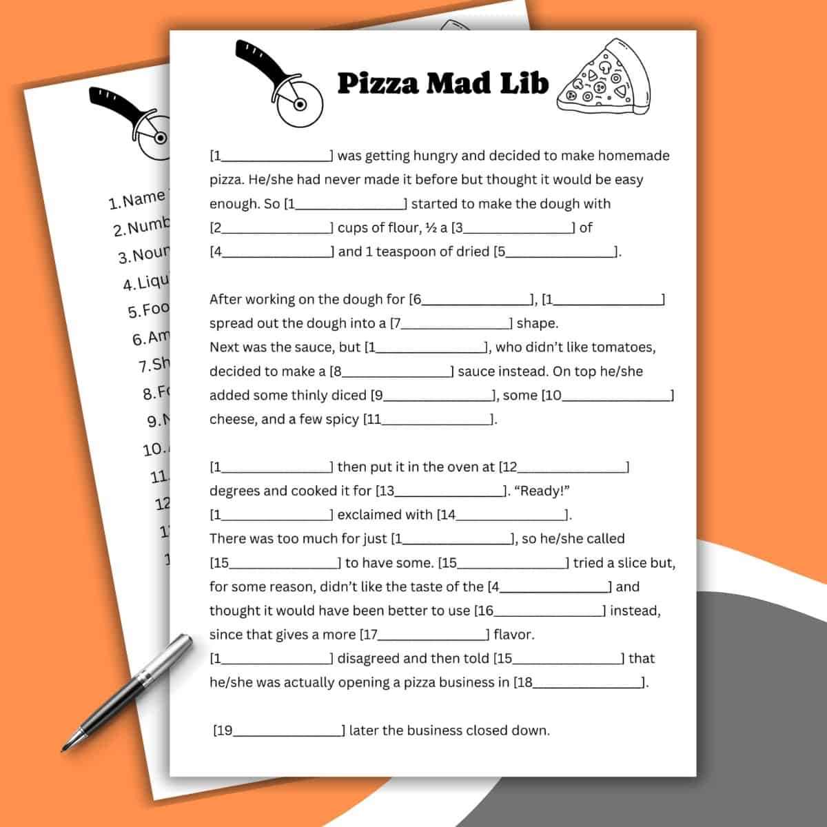 A printed Mad Lib pizza-themed worksheet sits on a table with a pen nearby. The sheet features blank spaces to be filled in, along with fun illustrations of pizza slices and cutters. Another Mad Lib worksheet peeks out from underneath.