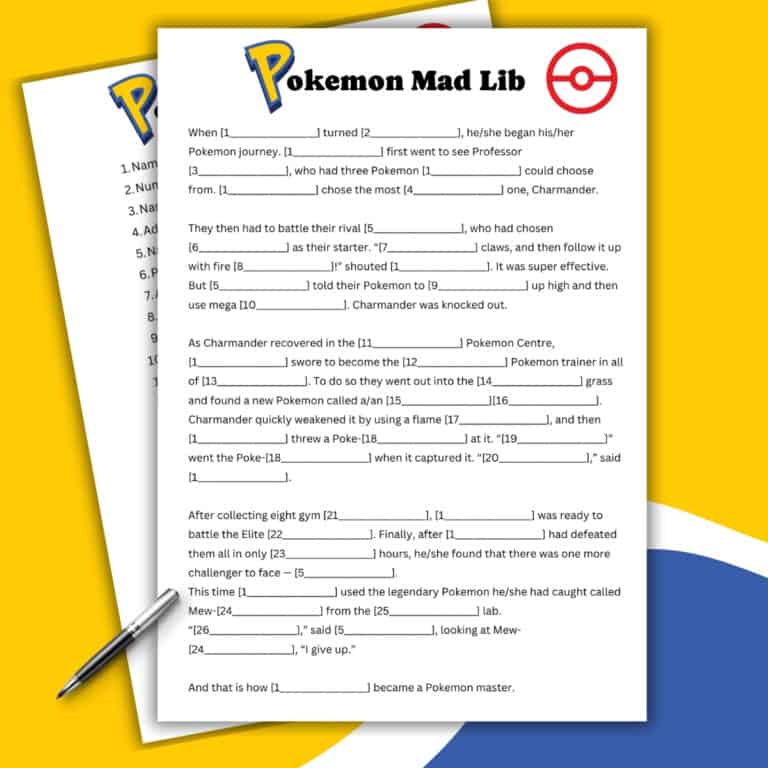 A Pokemon-themed Mad Lib worksheet with blanks for words, resting on a similar sheet. A pen lies nearby. The worksheet features the Pokemon logo, a Pokeball graphic, and fill-in-the-blank story prompts for a fun Mad Lib adventure.