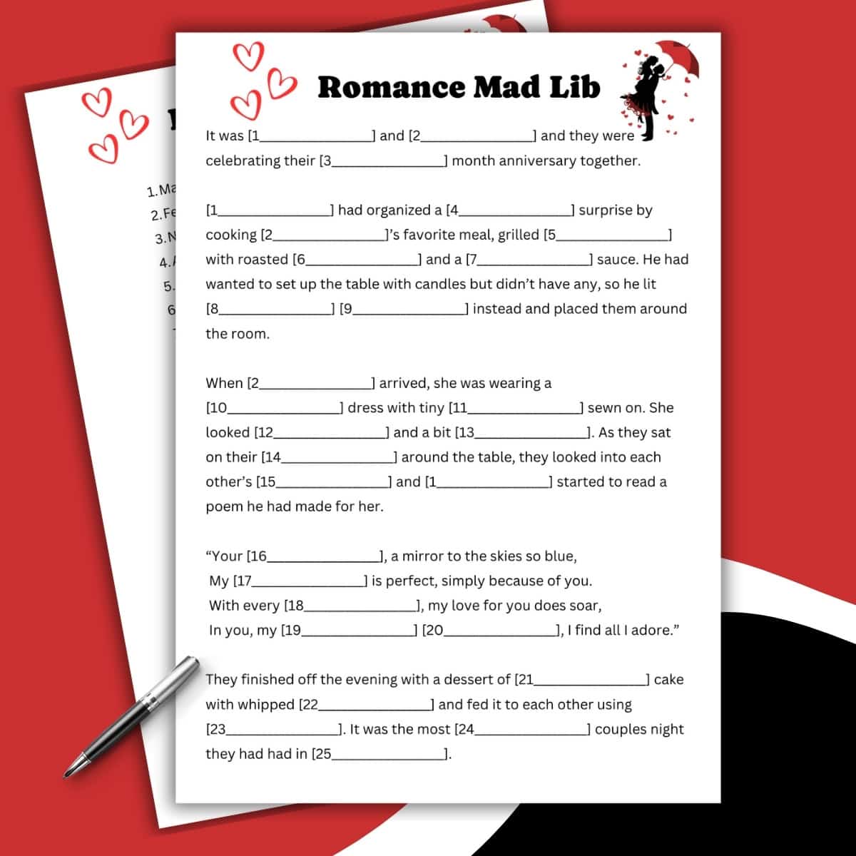 A romance-themed Mad Lib worksheet with blank spaces for words, surrounded by red hearts and splashes. A pen rests beside the paper, atop another sheet with heart doodles. The background features bold red, black, and white accents.