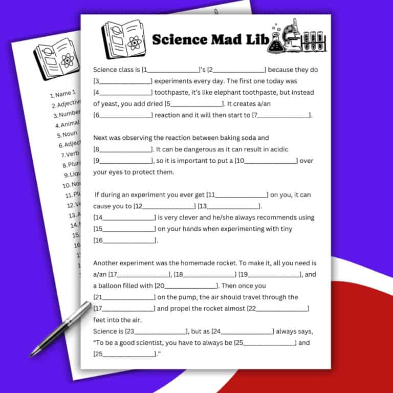 A fun Mad Lib worksheet titled Science Mad Lib features blank spaces in a science-themed story for users to complete. In the background, more worksheets appear alongside the edge of a red, white, and blue surface.