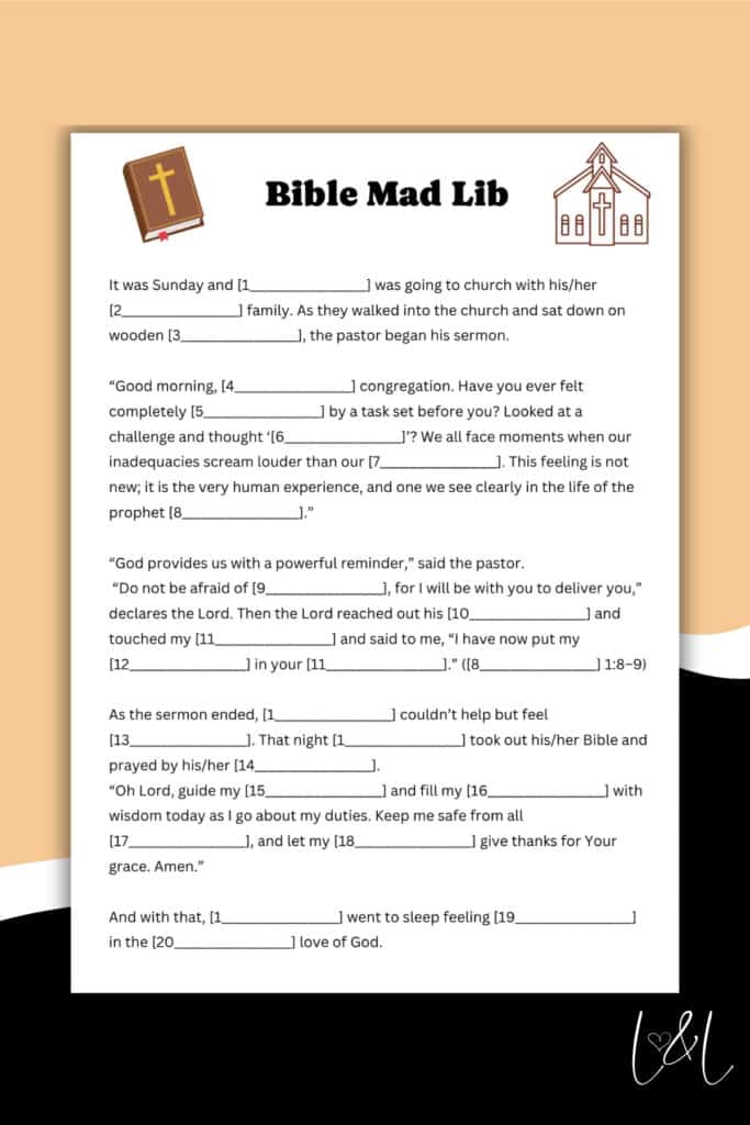 A Bible-themed Mad Lib activity sheet with blank spaces to fill in words, surrounded by decorative church icons and a cross. The page offers Bible verses and creative prompts for faith-based Mad Lib storytelling.