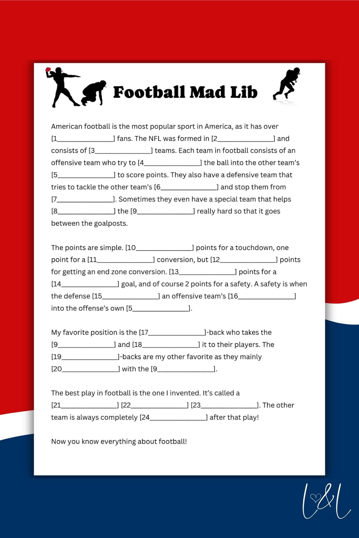 A Football Mad Lib worksheet with blanks for words to be filled in, illustrated with a football player silhouette at the top. The instructions describe the basics and elements of American football, adding a twist like a Scary Mad Lib for extra fun.