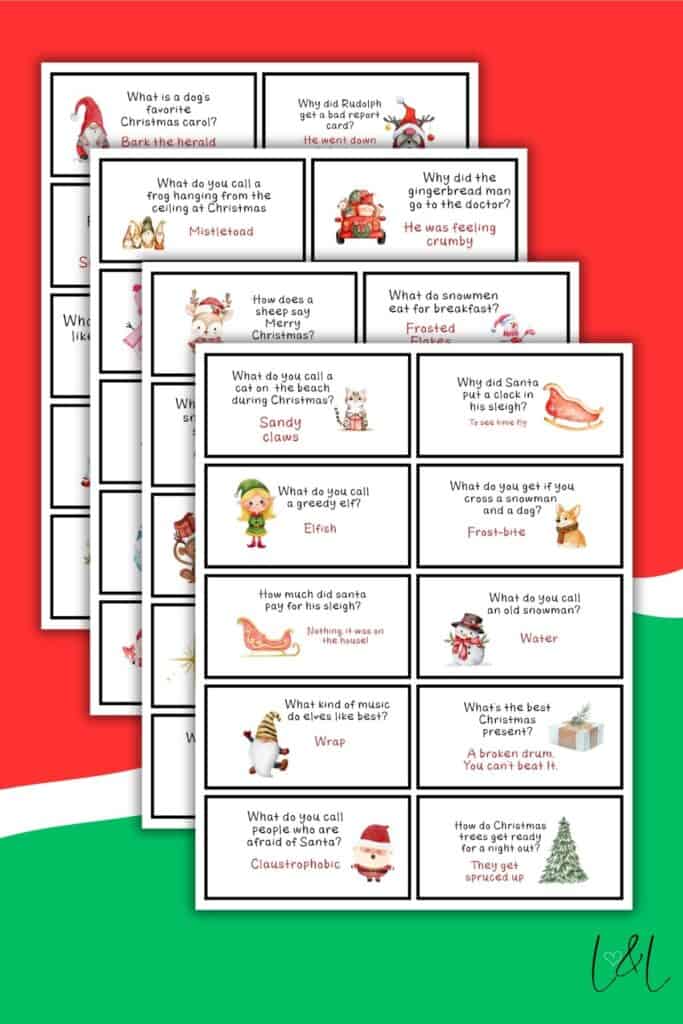 Four overlapping sheets display Free Printable Lunchbox Jokes as Christmas-themed cards with illustrations, featuring festive icons like Santa, elves, snowmen, and reindeer on a red, green, and white background.