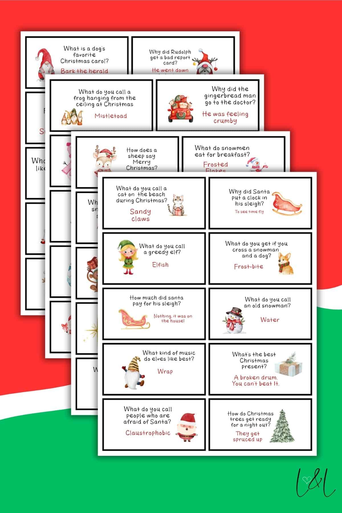 Four overlapping sheets display Free Printable Lunchbox Jokes as Christmas-themed cards with illustrations, featuring festive icons like Santa, elves, snowmen, and reindeer on a red, green, and white background.