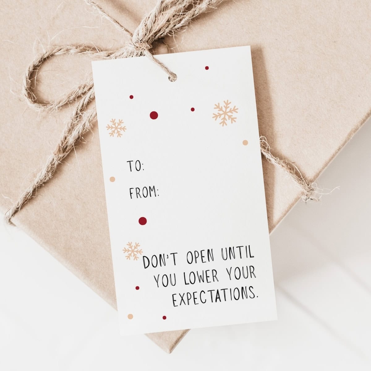 A brown paper-wrapped gift tied with twine features a whimsical Gift Tag that reads: TO: FROM: DON'T OPEN UNTIL YOU LOWER YOUR EXPECTATIONS, decorated with red dots and gold snowflakes.