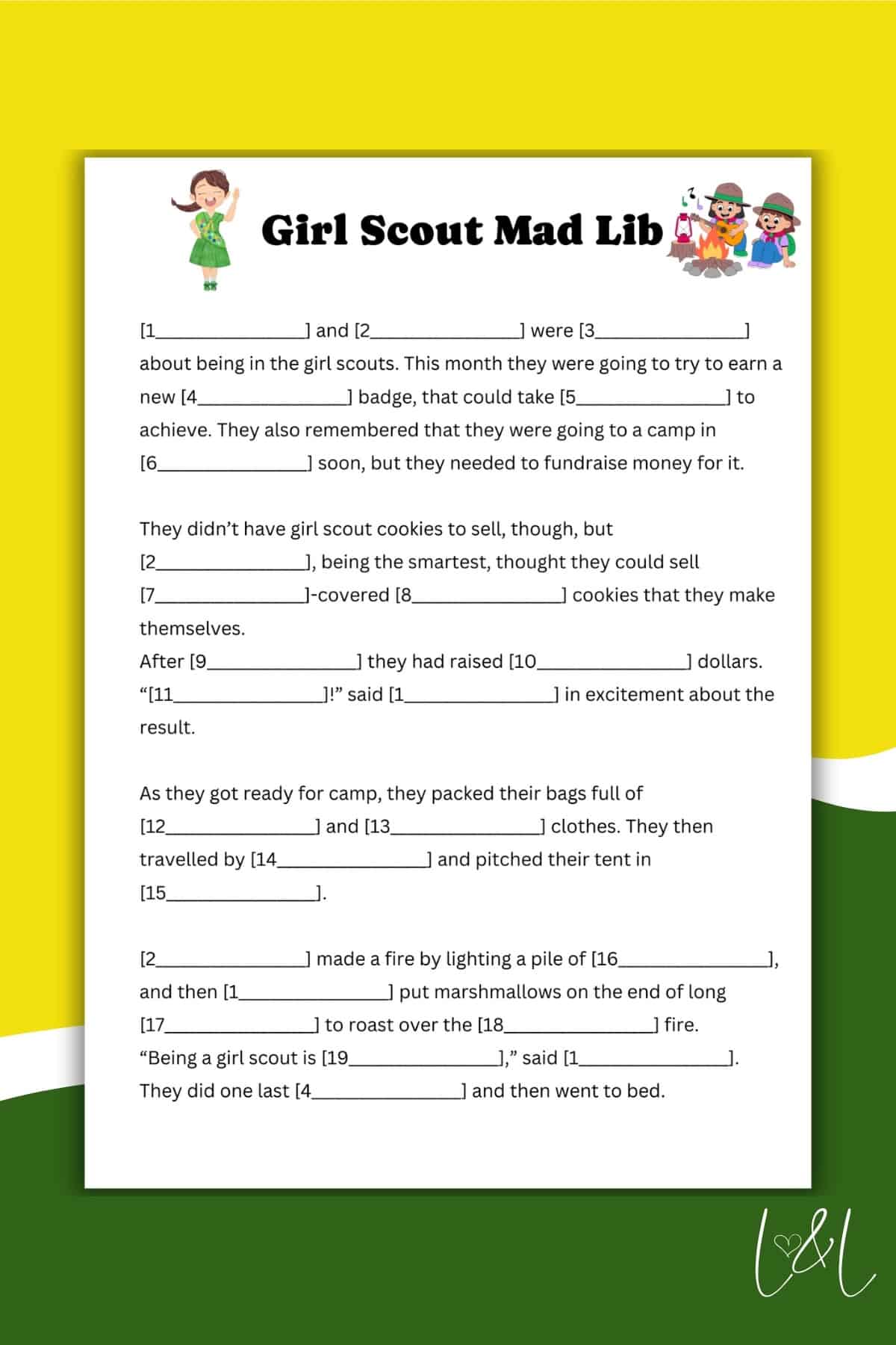 A colorful Mad Lib worksheet with a Girl Scout theme and blank spaces for words, featuring a story section about earning badges, selling cookies, raising money, and camping. The sheet is decorated with yellow and green borders.