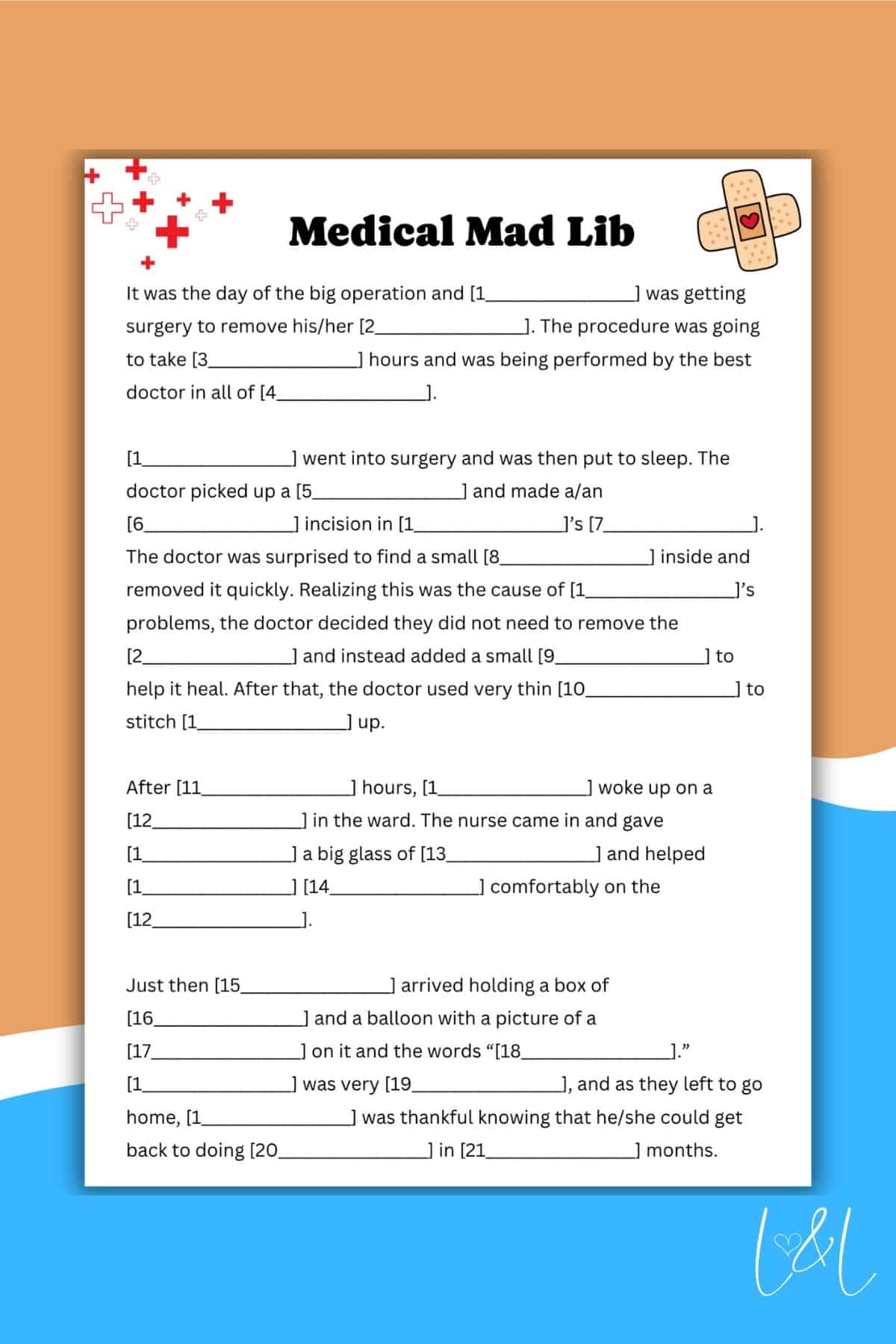 A Medical Mad Lib worksheet featuring 21 numbered blanks for words, decorated with small medical icons at the top left. The white background and colored wave design at the bottom add a fun touch to this Mad Lib activity.