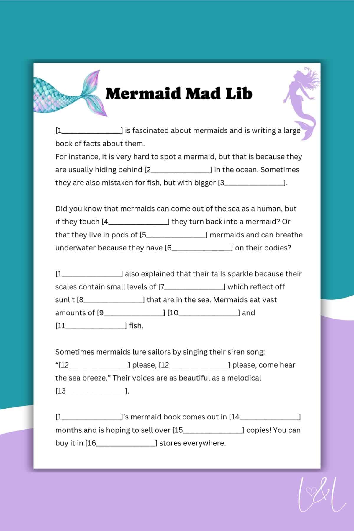 This colorful Mermaid Mad Lib worksheet features fill-in-the-blank sentences about mermaids, with purple and teal illustrations of a mermaid tail, starfish, and a mermaid silhouette. The Mad Lib worksheet sits on a purple background.