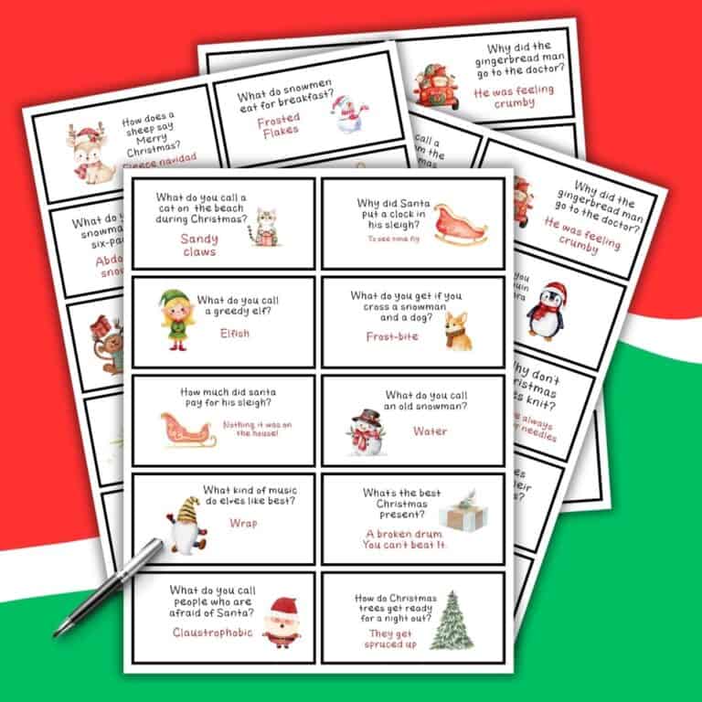 Three sheets of Christmas-themed Free Printable Lunchbox Jokes are displayed on a red, white, and green background. Each card features a holiday joke, cartoon illustrations, and a pen rests on one sheet.