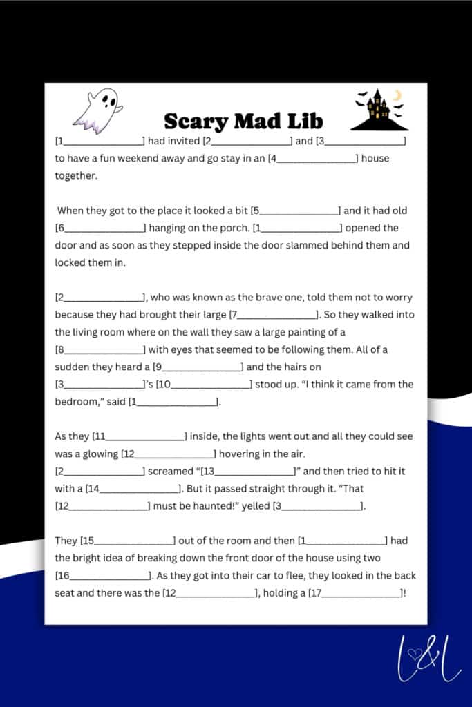 A Halloween-themed Mad Lib worksheet titled Scary Mad Lib, featuring fill-in-the-blank numbered spaces in a spooky story format. The bottom right corner displays a signature-style C&L logo.