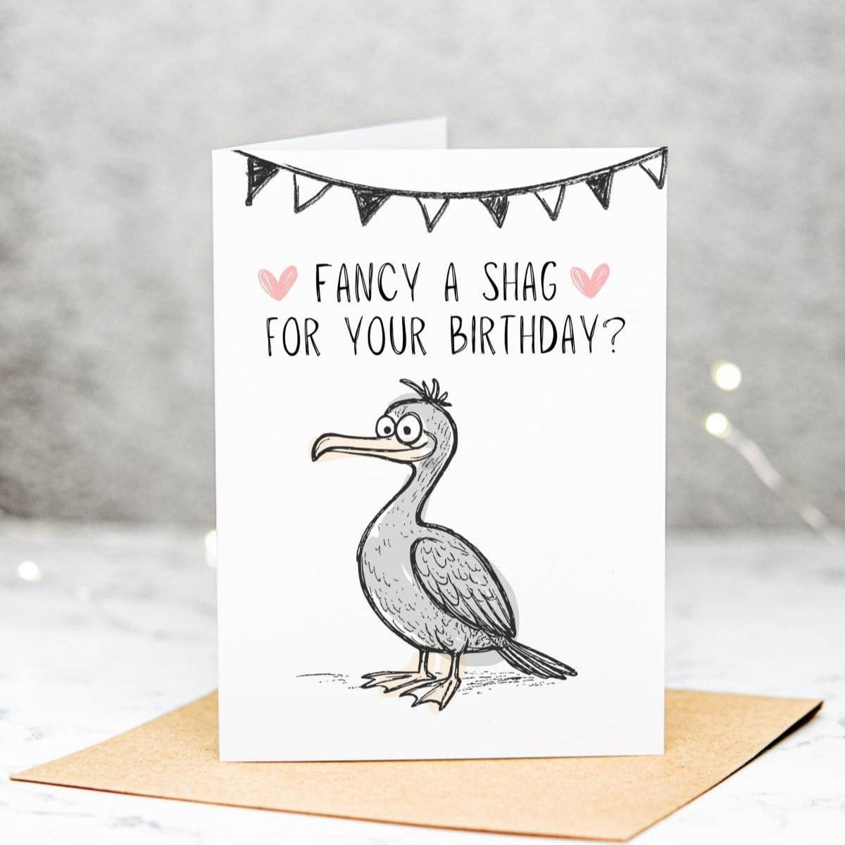 A suggestive birthday card featuring an illustration of a bird standing on the ground, with the text Fancy a shag for your birthday? and small pink hearts above, set against a simple neutral background.