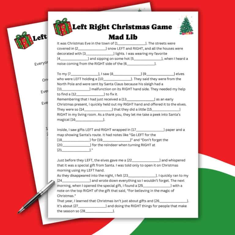A Christmas-themed Mad Lib game titled Left Right Christmas Game Mad Lib lies on a festive red and green surface, with two copies and pens on top, featuring playful Christmas gift and tree illustrations.