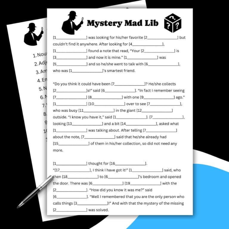 A Mad Lib Mystery worksheet with blank spaces for words and a pen resting on a paper stack beside it on a blue and white background. The worksheet features silhouettes of detectives and the Mad Lib title at the top.