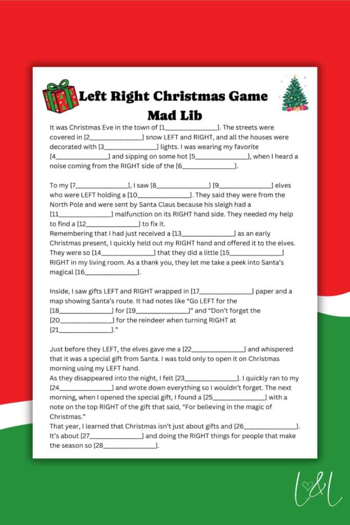 A Christmas-themed Left Right Game Mad Lib worksheet featuring fill-in-the-blank sentences, festive gift and Christmas tree decorations, and a cheerful red, green, and white border.