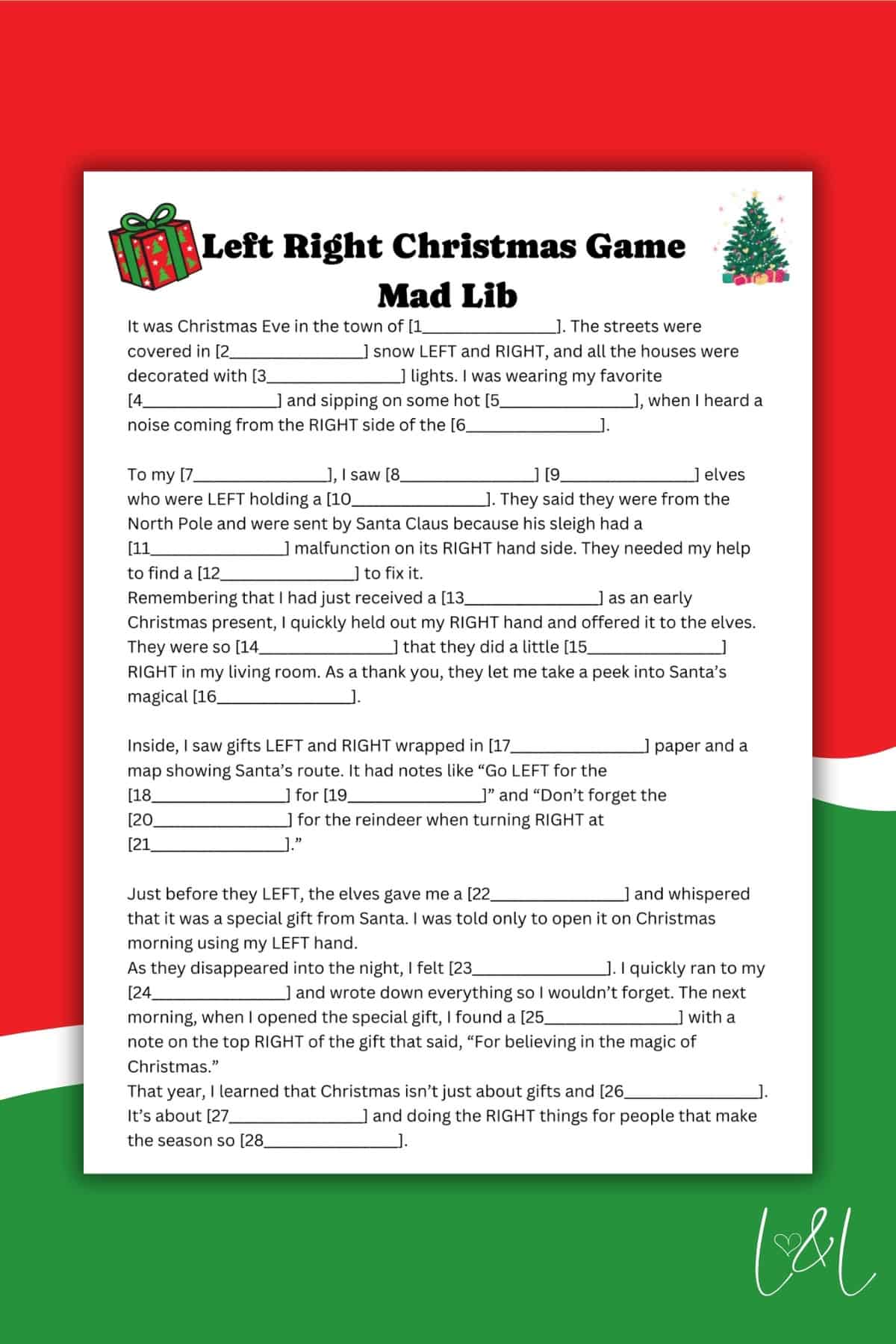 A Christmas-themed Left Right Game Mad Lib worksheet featuring fill-in-the-blank sentences, festive gift and Christmas tree decorations, and a cheerful red, green, and white border.