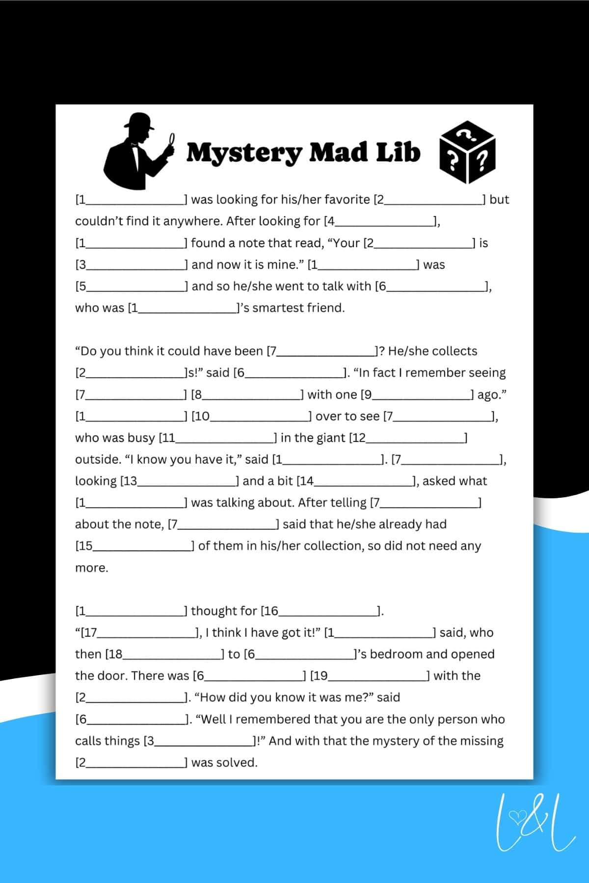 A Mystery Mad Lib worksheet featuring fill-in-the-blank spaces for nouns, verbs, and adjectives, with a silhouette of a detective and a magnifying glass above the title Mystery Mad Lib.