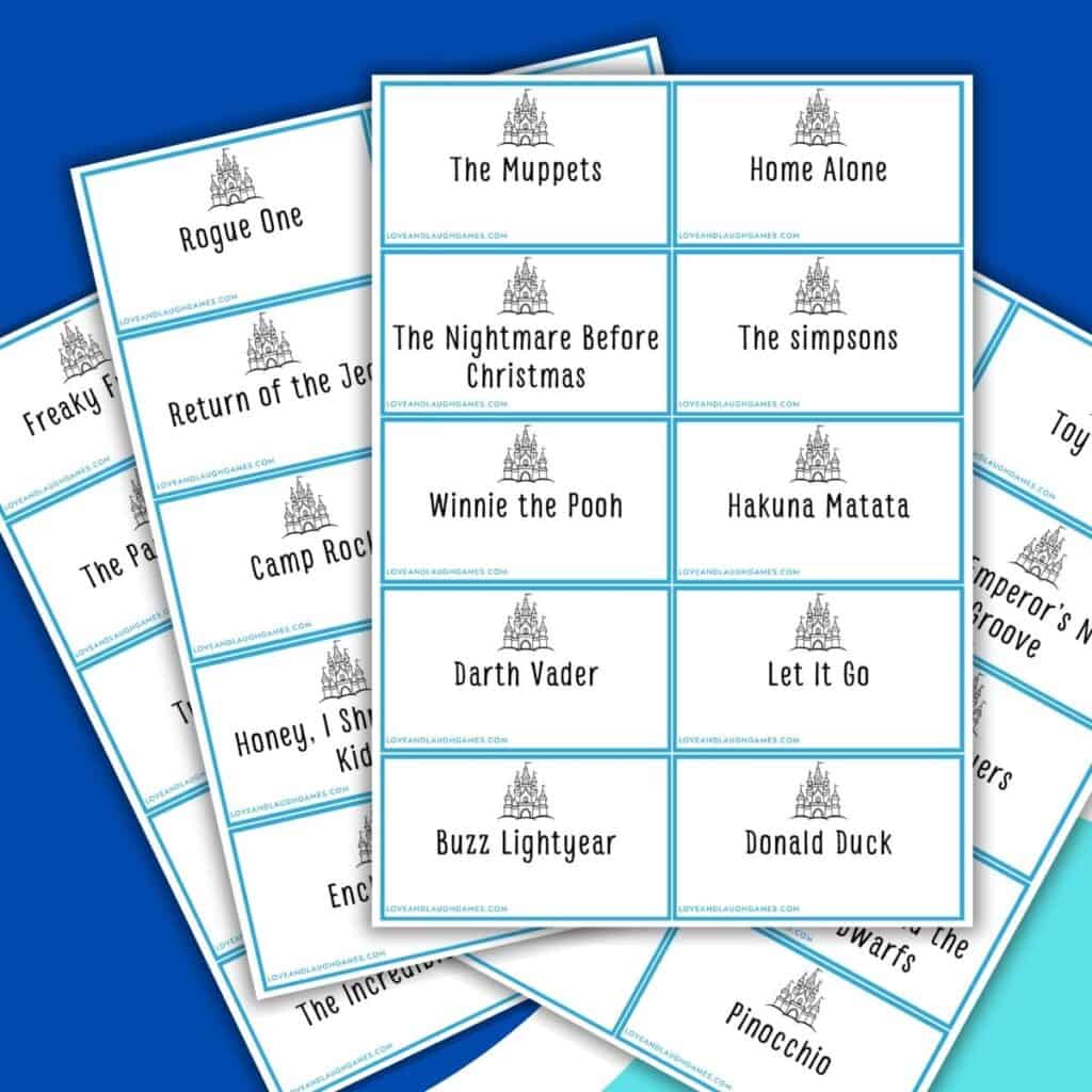 A set of printable Charades cards features movie and character names like Rogue One, The Muppets, Home Alone, Darth Vader, and Donald Duck, each bordered in blue with a small castle graphic at the top.