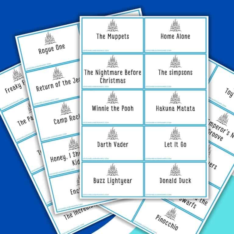 A set of printable Charades cards features movie and character names like Rogue One, The Muppets, Home Alone, Darth Vader, and Donald Duck, each bordered in blue with a small castle graphic at the top.