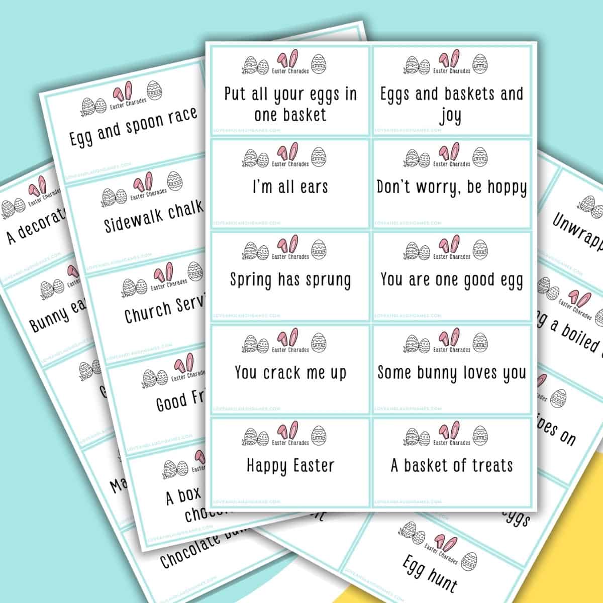 Printable Easter-themed cards on a blue background, each with cute bunny ear graphics and phrases like Charades, Egg and spoon race, I’m all ears, Spring has sprung, and Egg hunt.