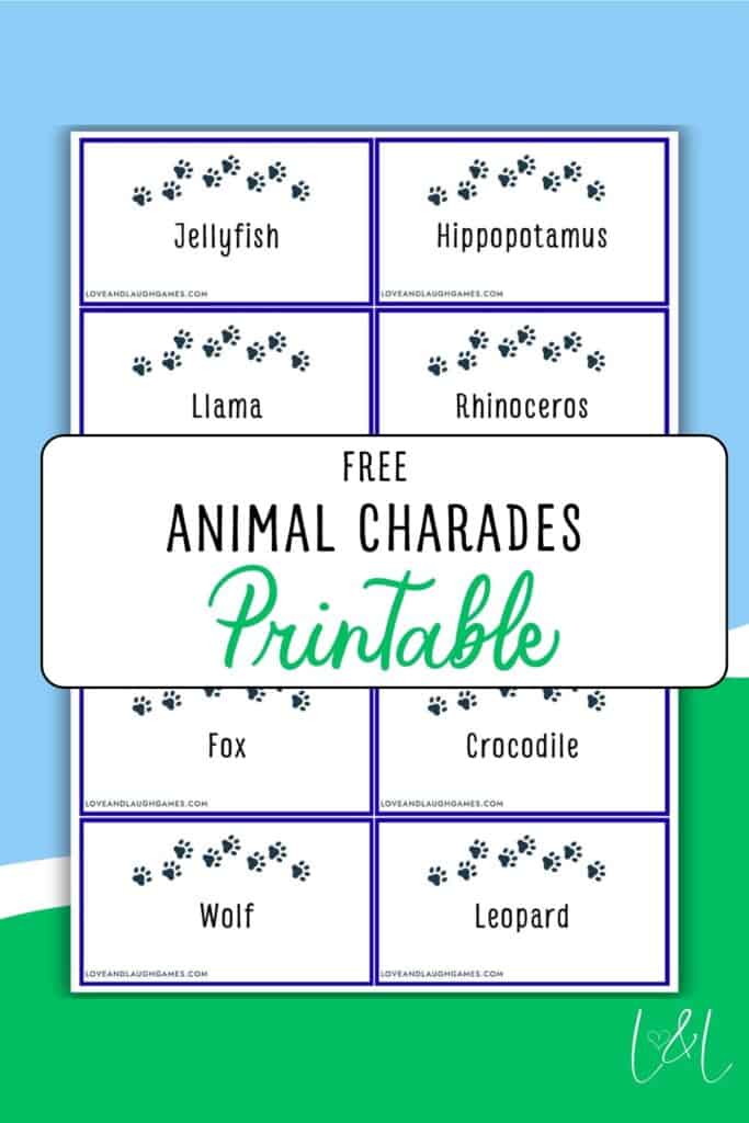 A printable charades sheet with animal cards featuring Jellyfish, Hippopotamus, Llama, Rhinoceros, Fox, Crocodile, Wolf, and Leopard—each card includes paw print graphics for fun gameplay.