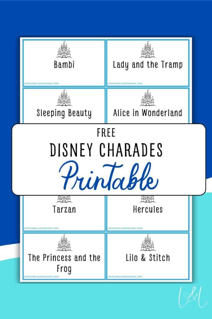 A printable sheet of Disney charades cards featuring classic titles like Bambi, Sleeping Beauty, Hercules, and more—perfect for your next charades game night!.