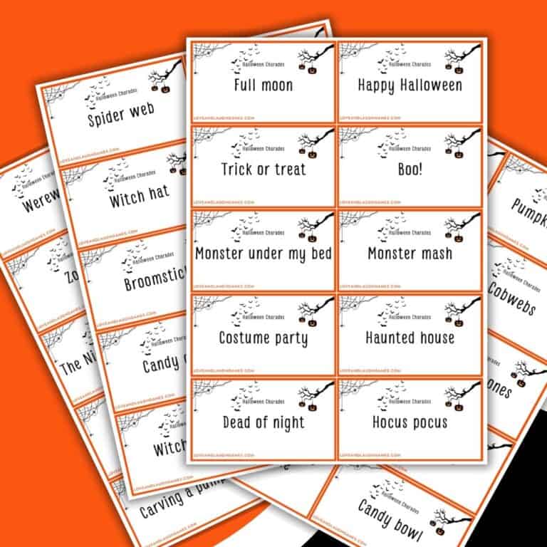 A stack of Halloween-themed charades cards featuring phrases like Full moon, Trick or treat, Monster mash, and Haunted house on a white background with orange and black accents—perfect for your next charades party.
