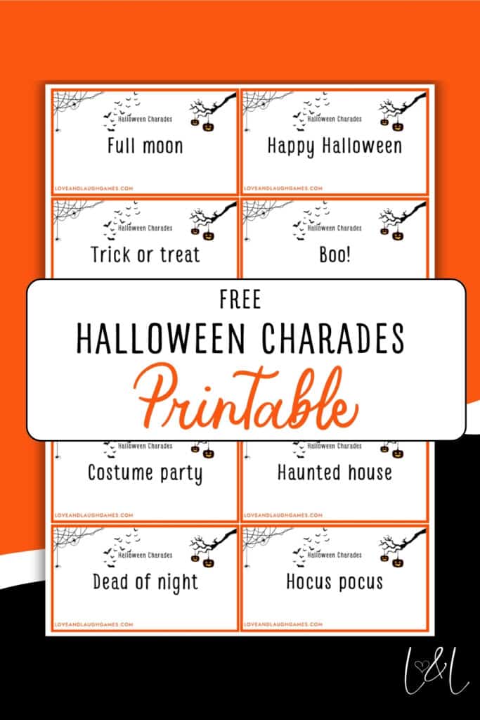 A Halloween charades printable sheet with eight cards featuring spooky phrases like Full moon, Happy Halloween, Trick or treat, Boo!, Costume party, Haunted house, Dead of night, and Hocus pocus—perfect for your next charades game!.