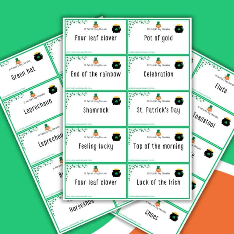 A set of printable St. Patrick's Day charades cards with green borders, each featuring festive charades prompts like Four leaf clover, Pot of gold, Shamrock, and Leprechaun on a green background.